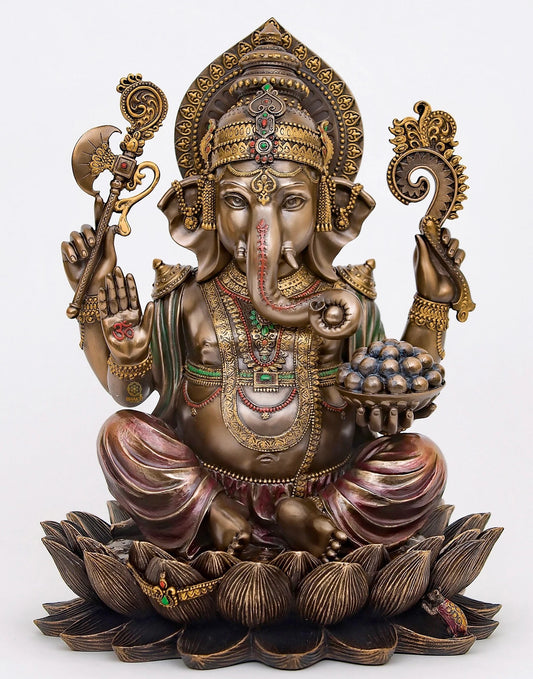 Ganesh Ji Idol Sitting On Lotus-Height-10 Inches-Resin-Metallic-Ganpati