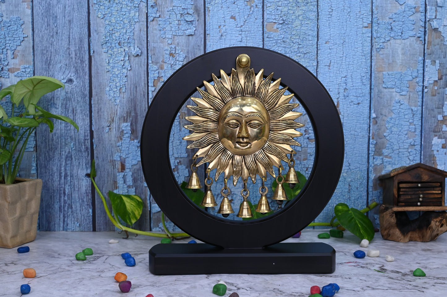 Surya Idol Brass On Wood Frame With Bells-Height-12 Inches