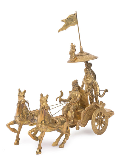 Mahabharat Geeta Upadesh Rath-Brass-2 Horses-Arjun and Krishna Idol-Length-9 Inches