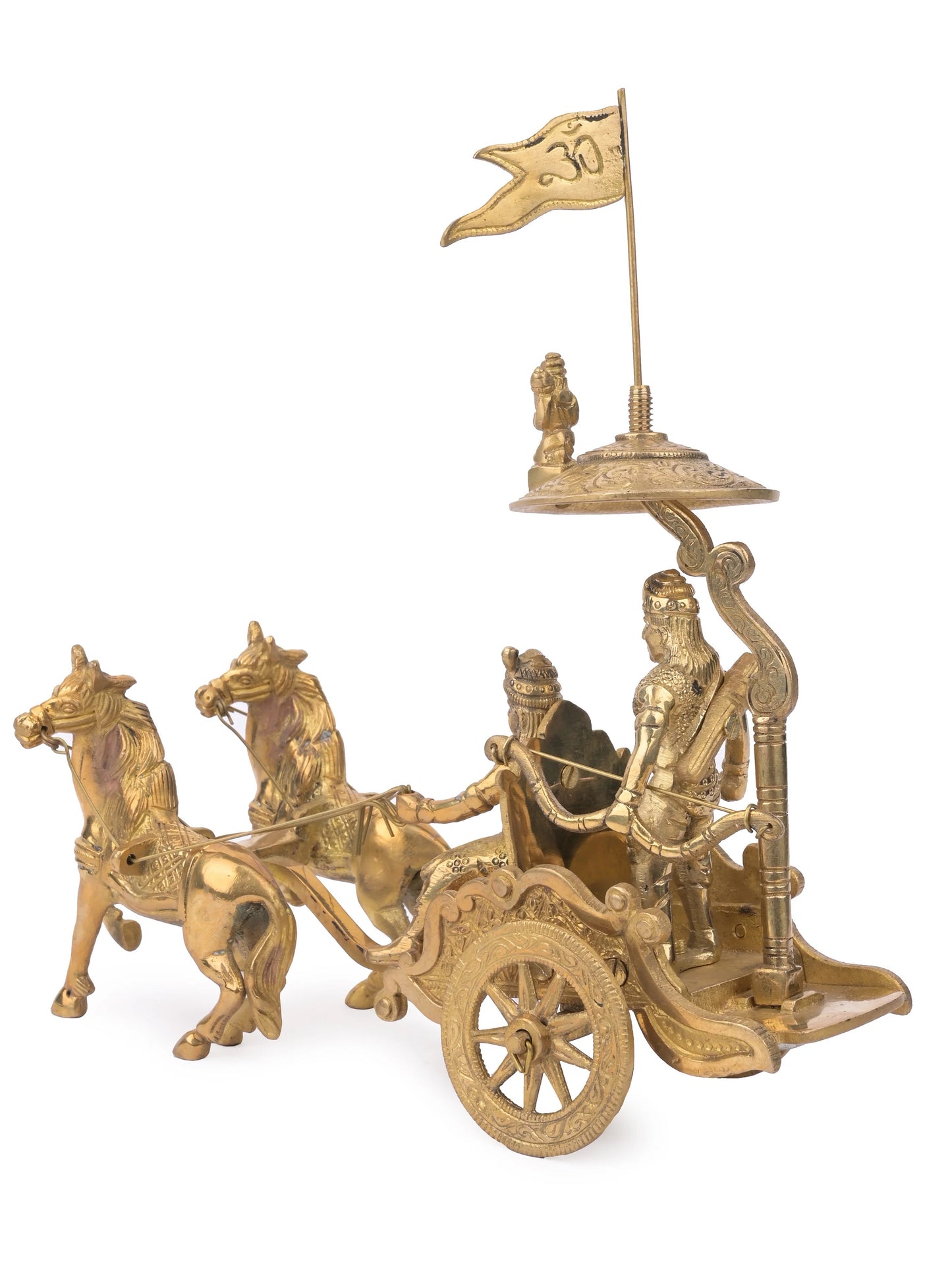 Mahabharat Geeta Upadesh Rath-Brass-2 Horses-Arjun and Krishna Idol-Length-9 Inches
