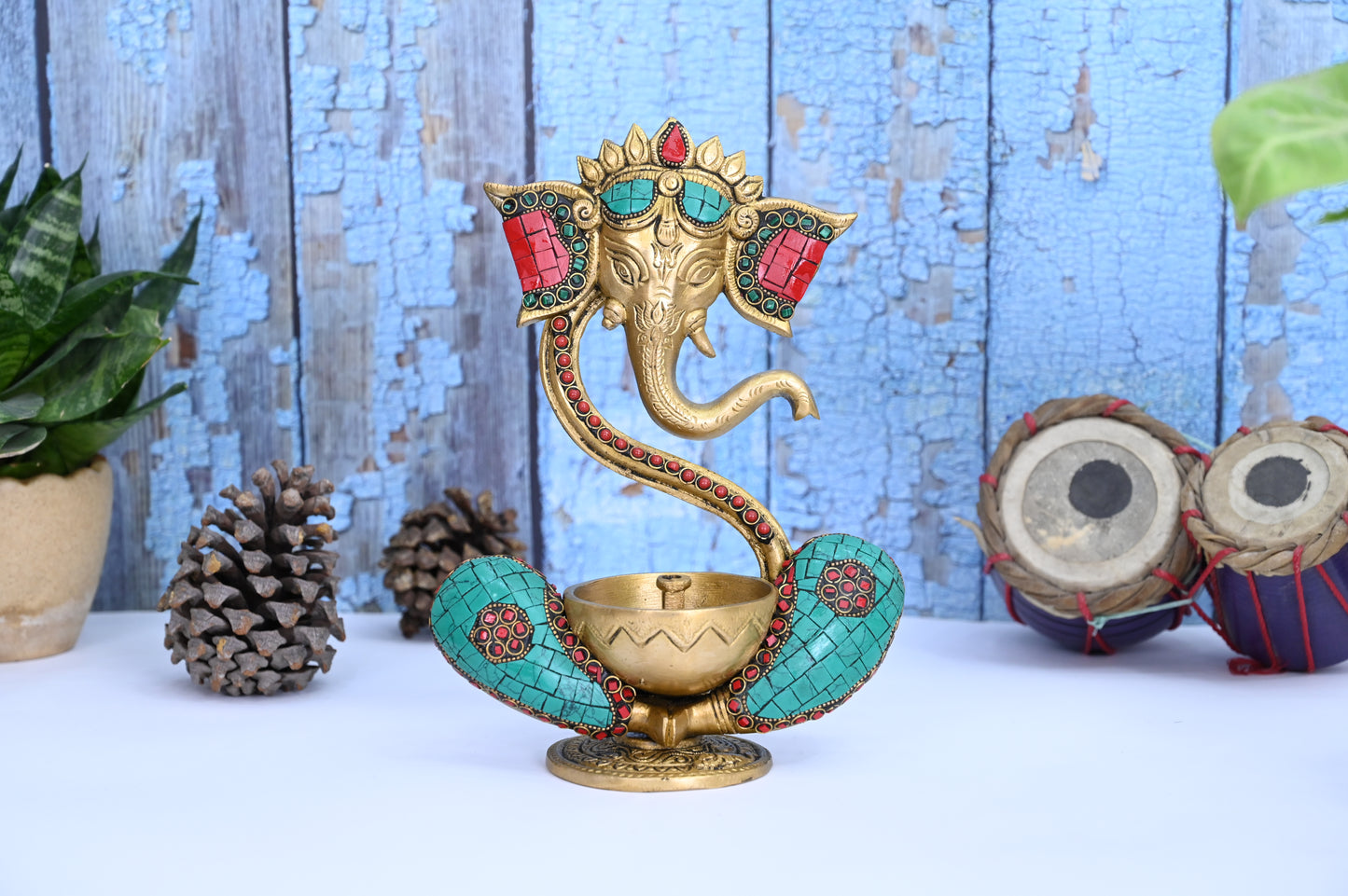 Handmade Ganesh Idol with Diya -Brass-Inlay Work-Height-8 Inches