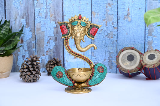 Handmade Ganesh Idol with Diya -Brass-Inlay Work-Height-8 Inches