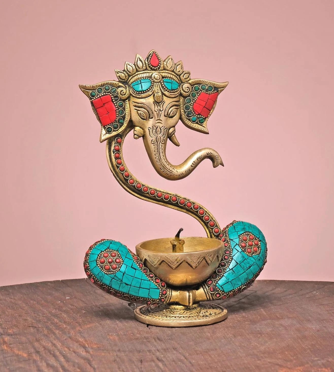 Handmade Ganesh Idol with Diya -Brass-Inlay Work-Height-8 Inches