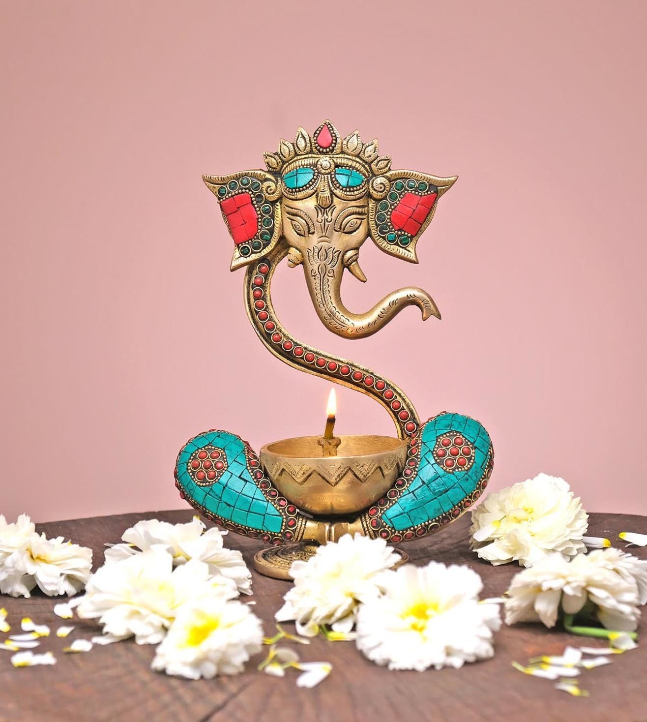 Handmade Ganesh Idol with Diya -Brass-Inlay Work-Height-8 Inches