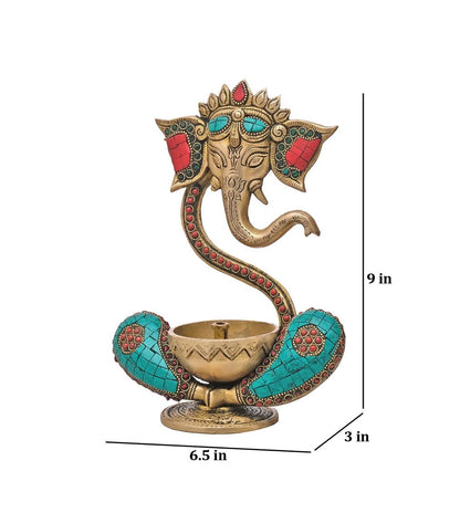 Handmade Ganesh Idol with Diya -Brass-Inlay Work-Height-8 Inches