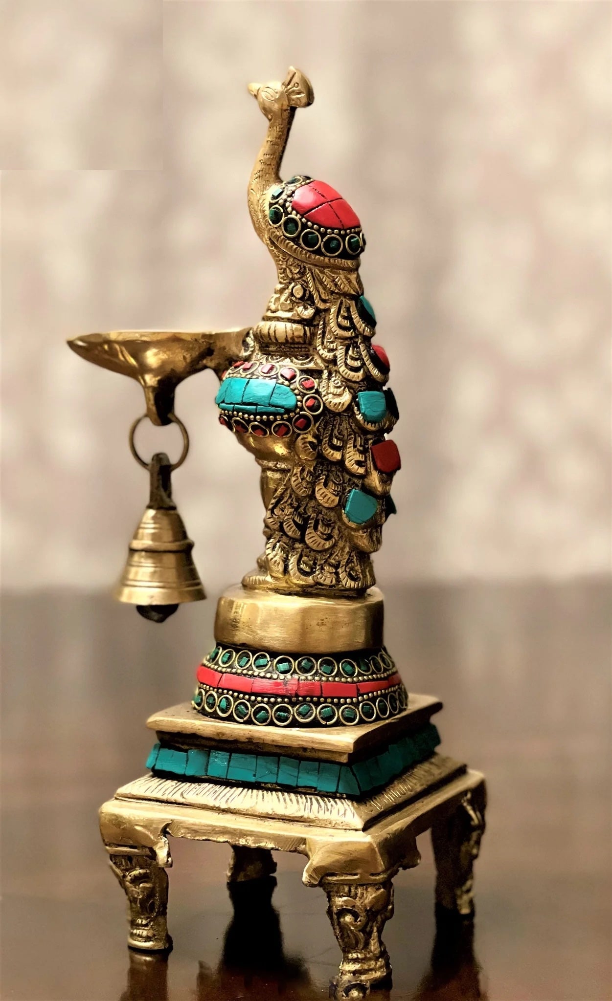 Handmade Deepak/Diya Stand With Peacock-Inlay Work-10 Inches-Brass