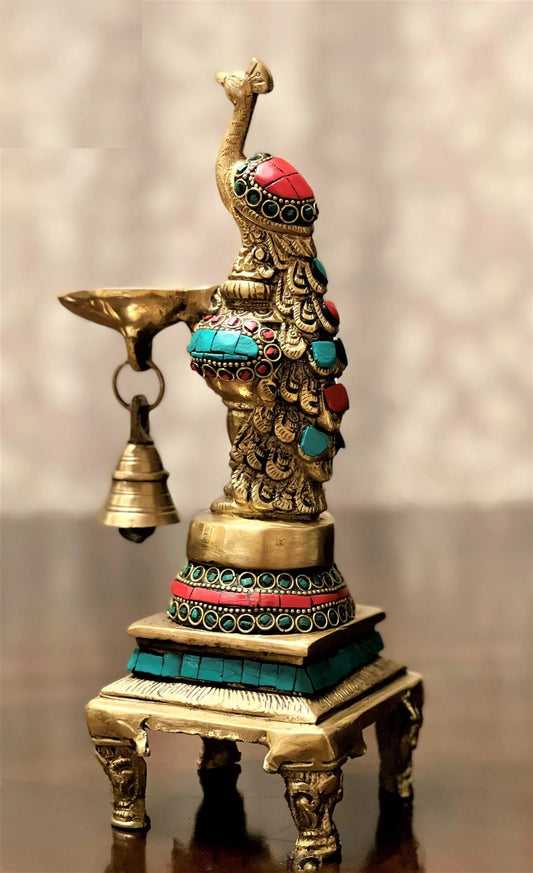 Handmade Deepak/Diya Stand With Peacock-Inlay Work-10 Inches-Brass