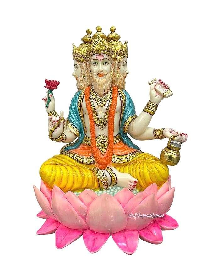 Brahma Dev Idol-Four Faced Figurine-Statue for Temple and Home Decor-Height-8 Inches-Multicoloured