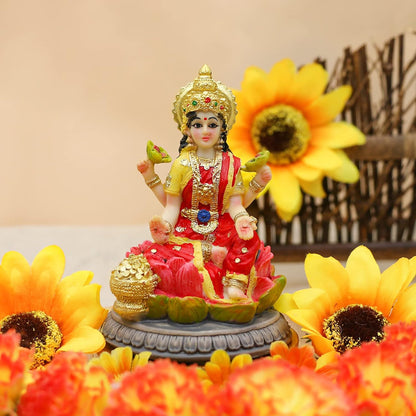 Medium Sitting Laxmi Idol On Lotus-Height-4 Inches-Multicoloured-Resin