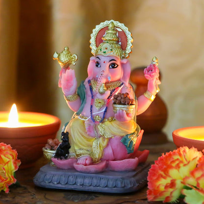 Medium Sitting Ganesh Idol On Lotus-Height-4 Inches-Multicoloured-Resin