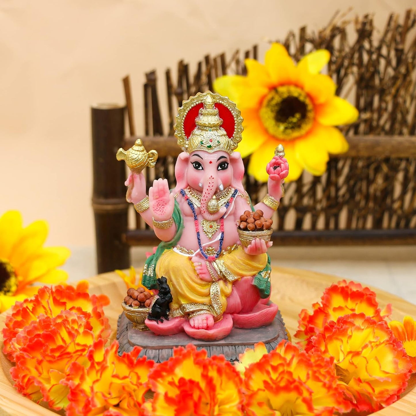 Medium Sitting Ganesh Idol On Lotus-Height-4 Inches-Multicoloured-Resin