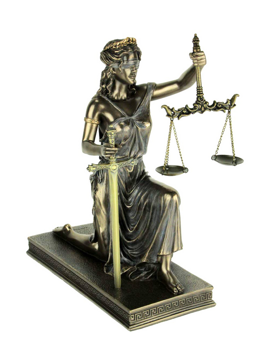 Lady Justice Kneeling Holding Scale and Sword Solid Metal Letter Opener Metallic Finish Roman Greek Lawyer Statue