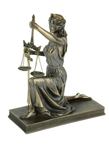 Lady Justice Kneeling Holding Scale and Sword Solid Metal Letter Opener Metallic Finish Roman Greek Lawyer Statue