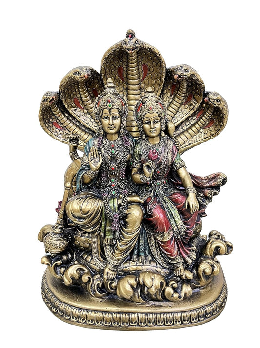 Medium Vishnu Idol Sitting On Snake Murti and Aasan-Height-6.5 Inches-Metallic-Resin-Handmade