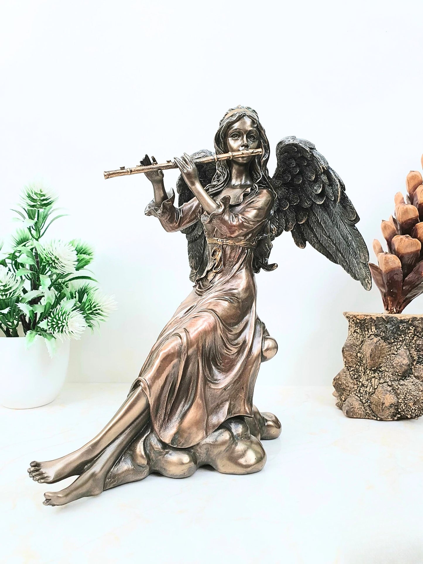Musician Angel Statue With Wings Playing Flute-Height-6 Inches-Resin-Metallic-Showpiece For Home