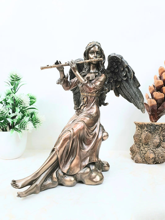 Musician Angel Statue With Wings Playing Flute-Height-6 Inches-Resin-Metallic-Showpiece For Home