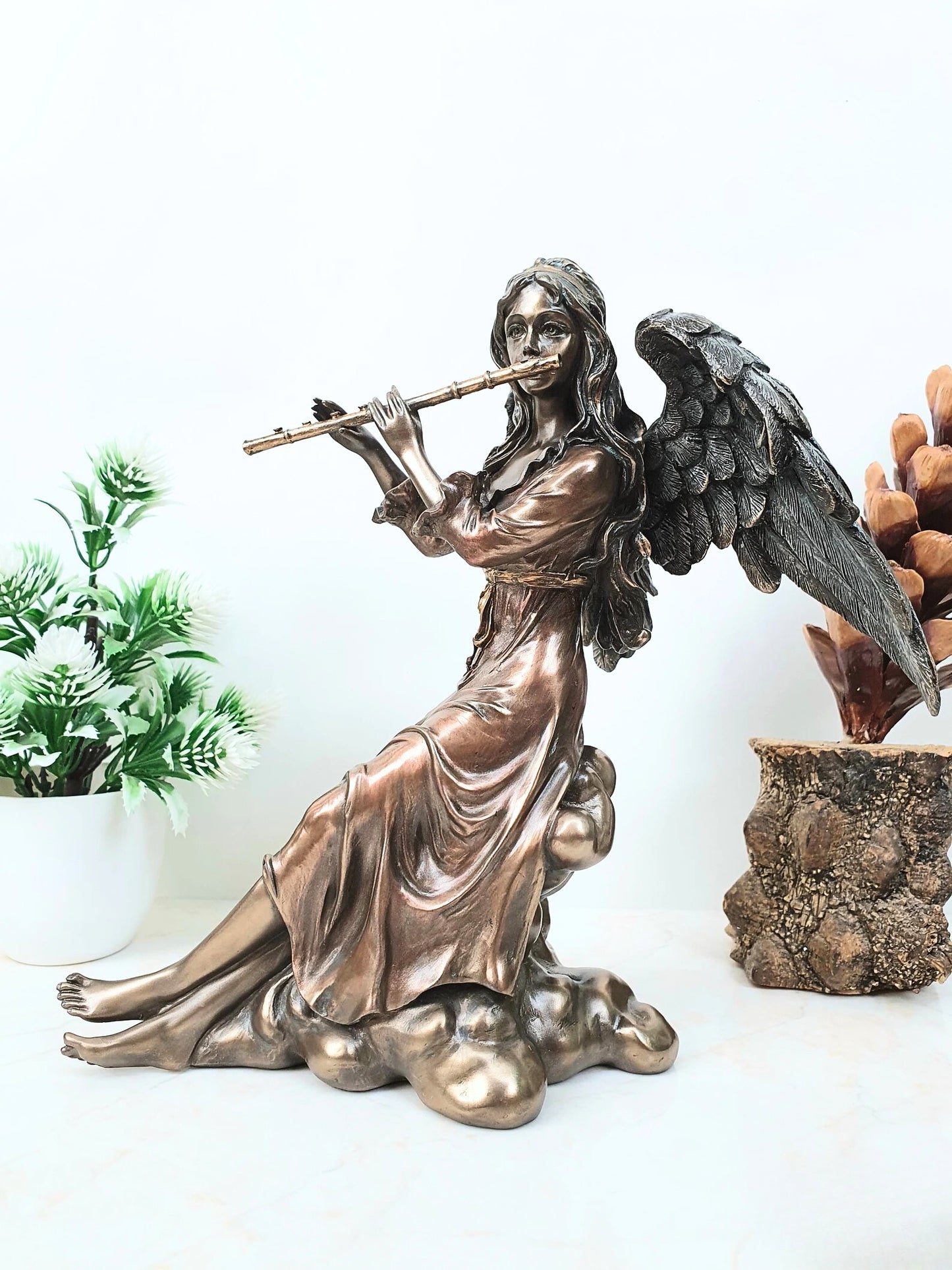 Musician Angel Statue With Wings Playing Flute-Height-6 Inches-Resin-Metallic-Showpiece For Home