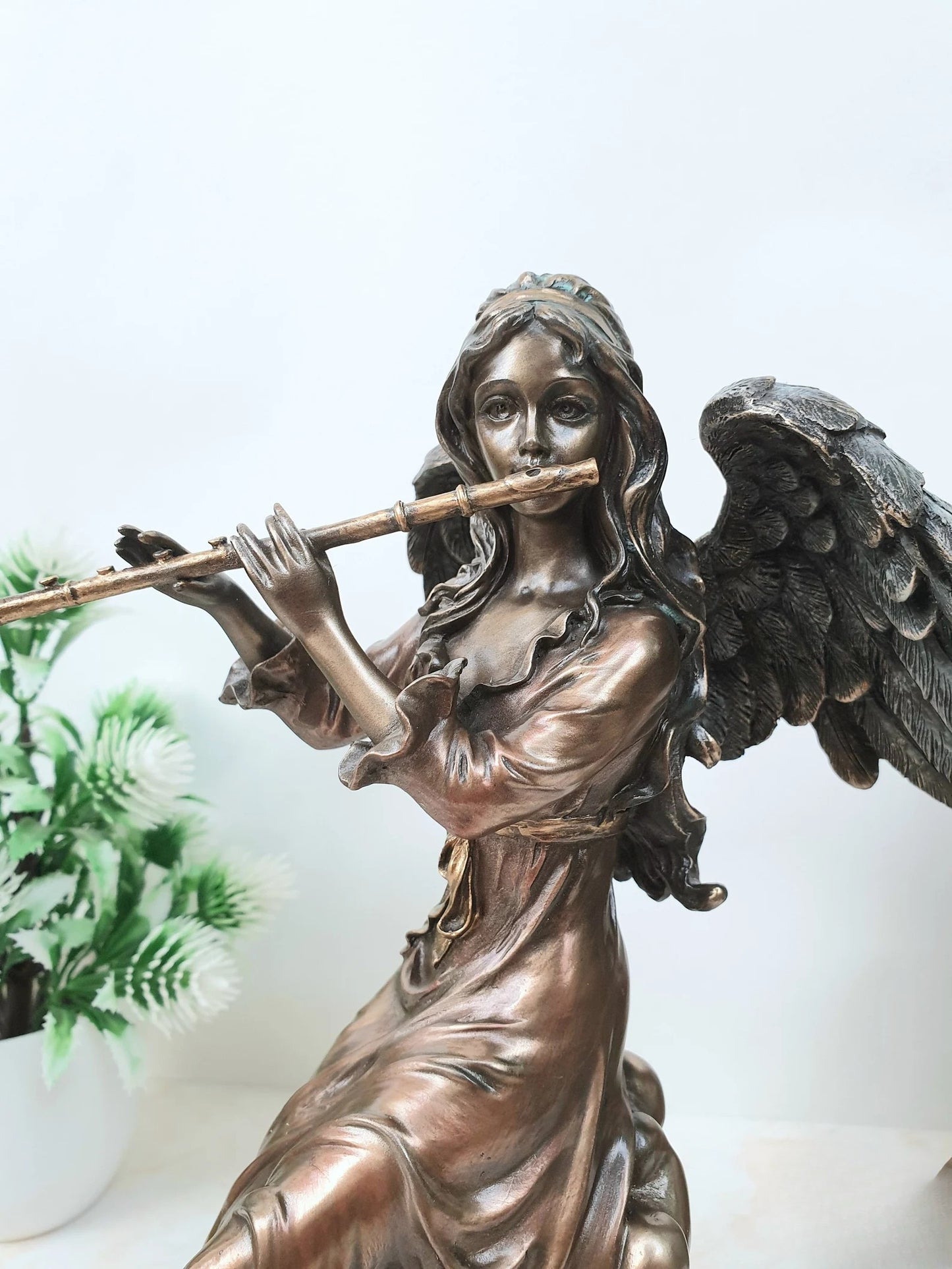 Musician Angel Statue With Wings Playing Flute-Height-6 Inches-Resin-Metallic-Showpiece For Home