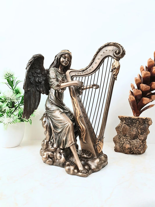 Angel Musician Showpiece Sitting Playing Harp Instrument-Height-8.25 Inches-Metallic