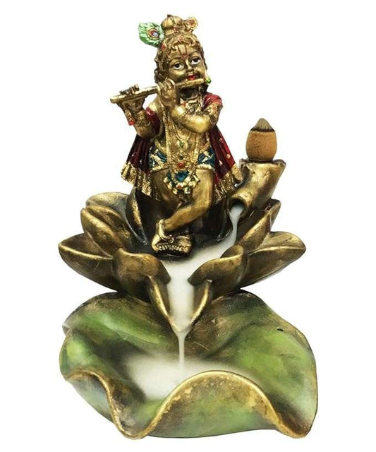 Polyresin Krishna Murti Playing Flute On Lotus Backflow Smoke Incense Fountain, Multicolour