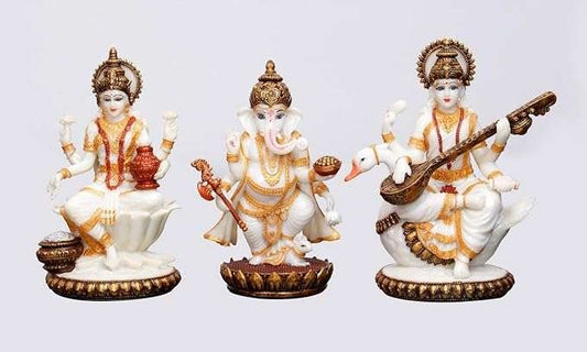 Sri Krishna Culture Laxmi + Ganesh + Saraswati Ji (8 inches) Murti Set of 3 Idol Showpieces for Home, Diwali Gifts Combo Pooja Item