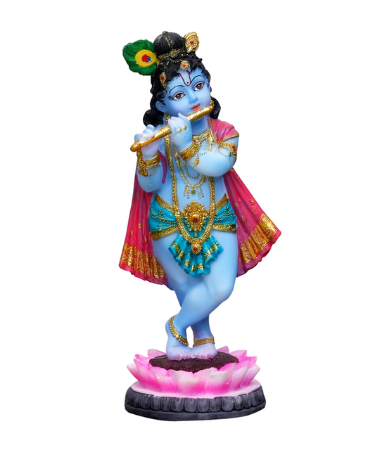 Krishna Standing On Lotus with Flute (Height-12) - Hindu God and Goddess Idol/Statue/Murti/Figurine-Polyster Resin-Multicolour