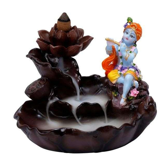 Polyester Resin Krishna Hindu God and Goddess Idol/Statue/Murti with Flute Backflow Essence, 60 Backflow Essence Cones, Assorted Agarbatti (Height-7", Multicolour)