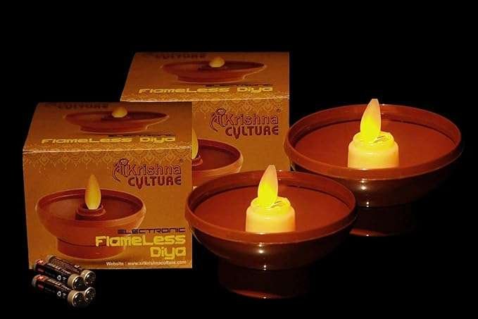 Flameless LED Flickering Flame Diya/Candle-Real Diya Effect-Battery Powered-Plastic-Brown-Pack of 2 Diyas