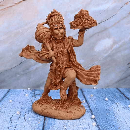Big Beautiful Flying Hanuman with Mountain for Home Decoration-Height-12 Inches-Brown Colour-Resin