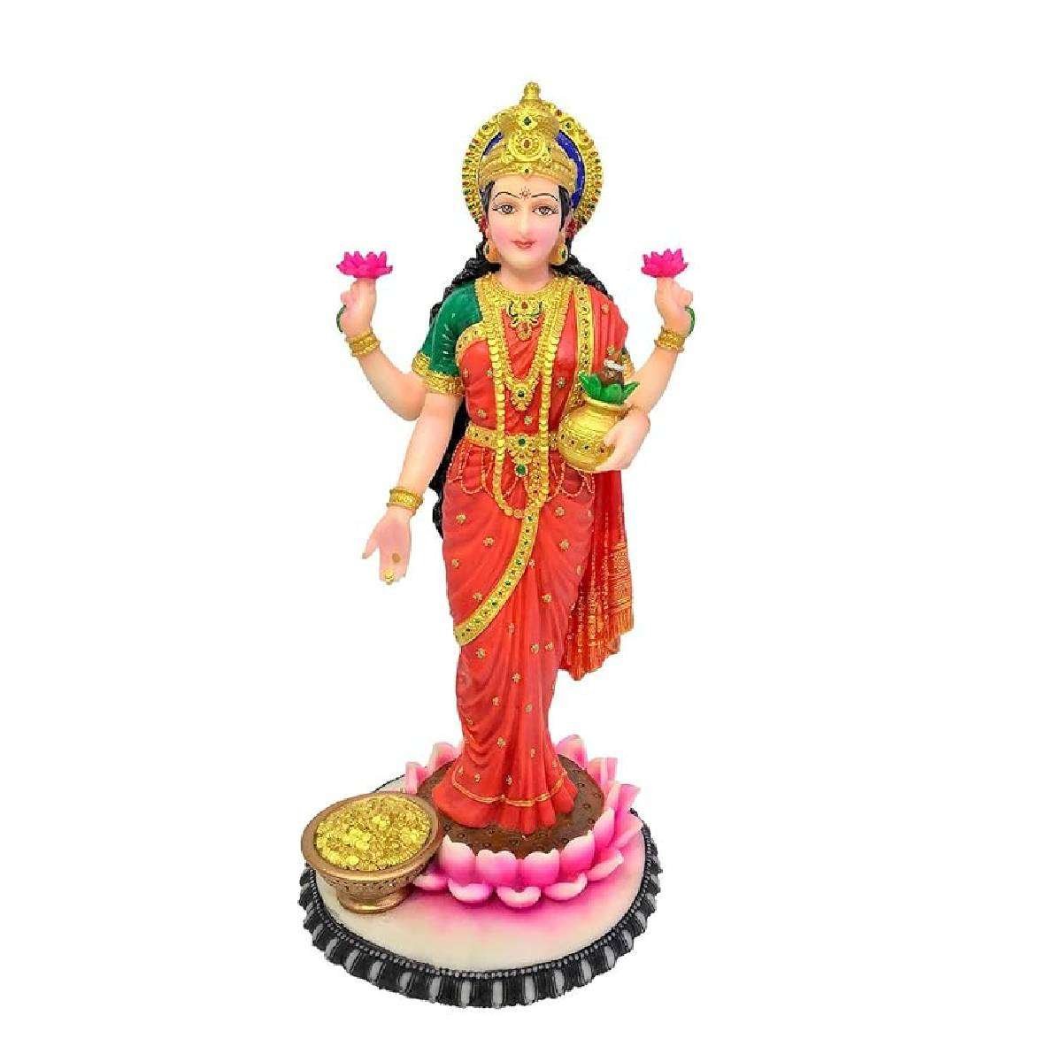 Hand Crafted Big Standing Laxmi Ji/Lakshmi-Hindu God and Goddess Idol/Statue/Murti/Figurine-Polyster Resin-Multicolour-Height-11 Inches