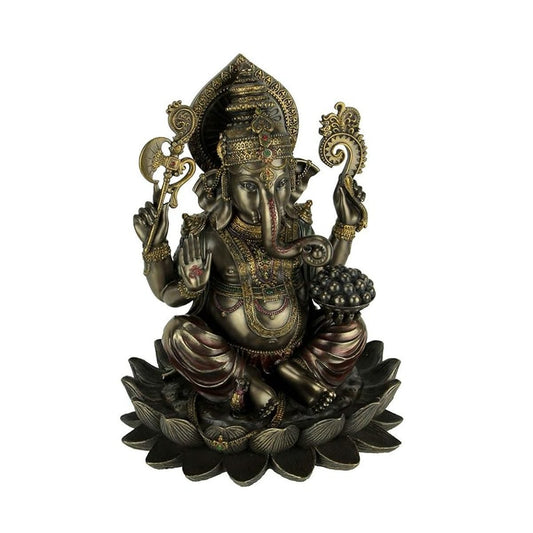 Lord Ganesha Sitting on Lotus Hindu God Antique Bronze Finish Statue-Height-10.5 Inches, 2.5 Kgs