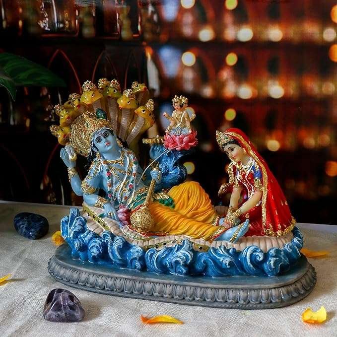 Lord Vishnu on a Bed of Snakes With Lakshmi and Brahma Statue-Length-11 inches-Resin-Multicoloured
