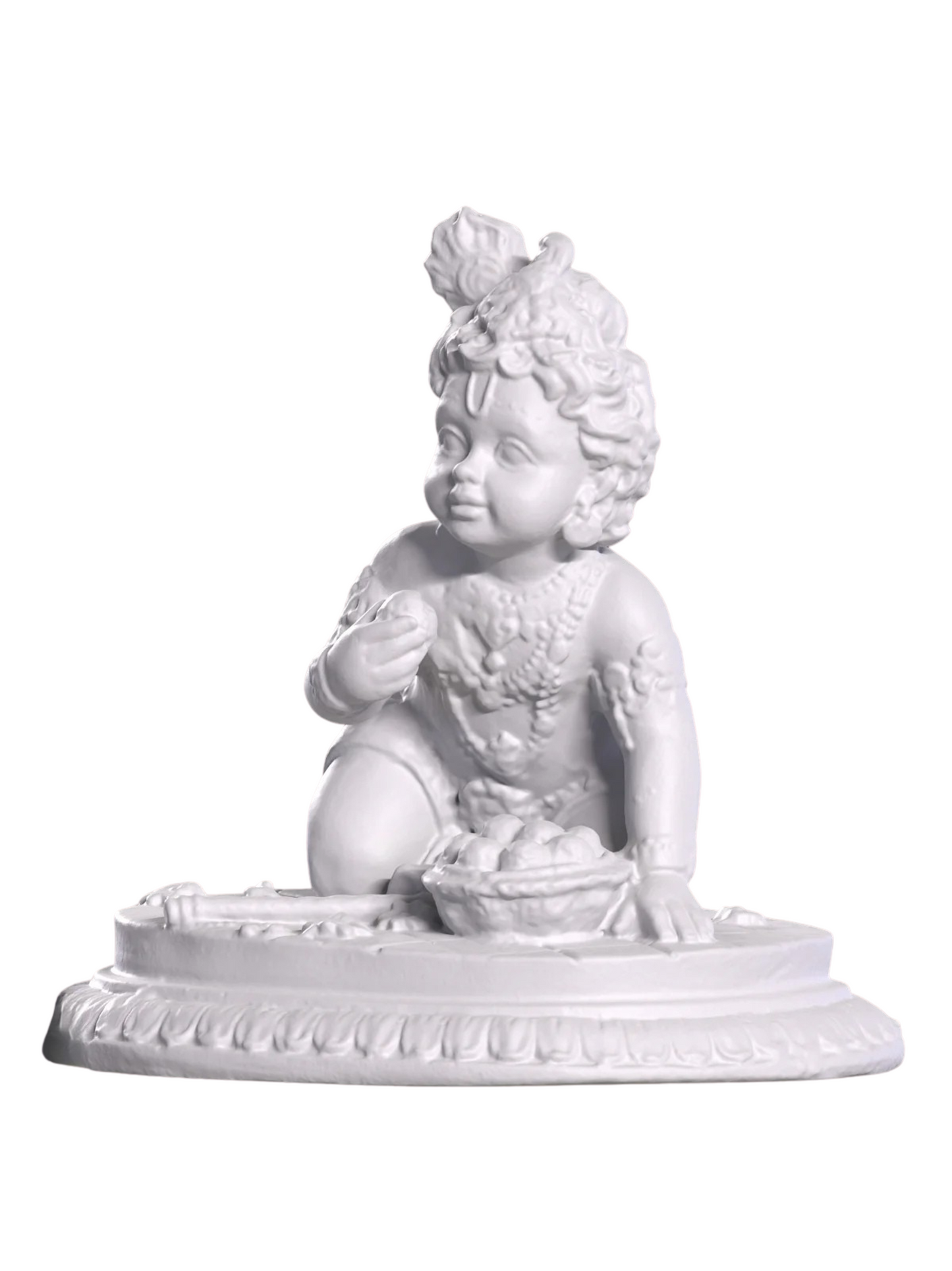 Medium Baby Krishna Idol On Knees-Height-4 Inches-White-Resin