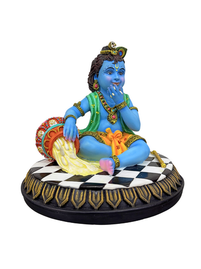 Medium New Krishna Eating Butter From Pot-Height-7 Inches-Multicoloured-Resin
