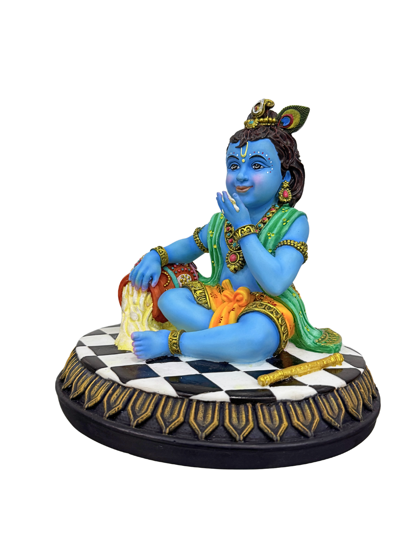 Medium New Krishna Eating Butter From Pot-Height-7 Inches-Multicoloured-Resin