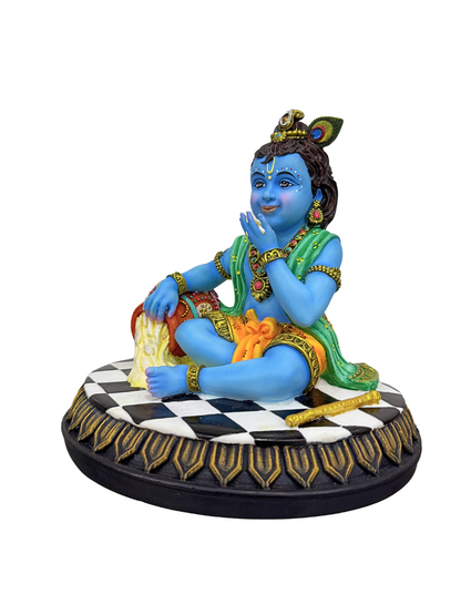 Medium New Krishna Eating Butter From Pot-Height-7 Inches-Multicoloured-Resin