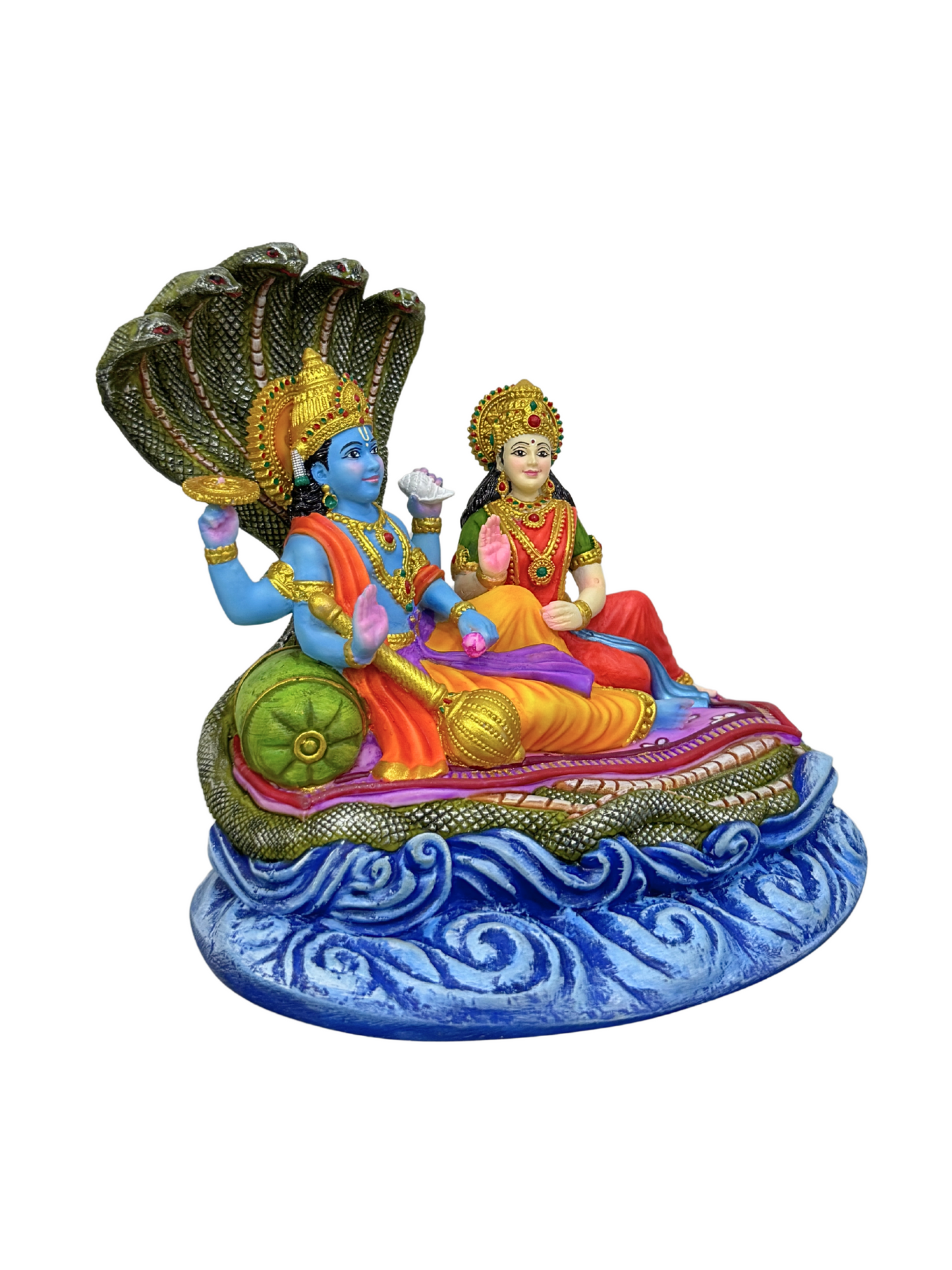 Medium Sitting Vishnu Laxmi On Snake Bed-Height-6 Inches-Multicoloured-Resin