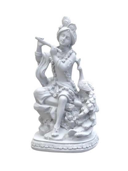 Regular Krishna Idol Sitting Besides Peacock Playing Flute-Height-4.5 Inches-White-Resin