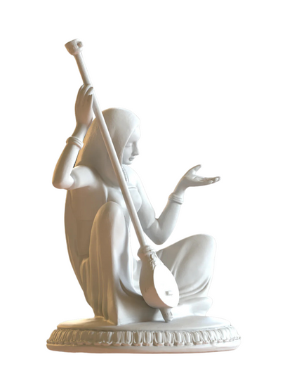 Meera Bai Sitting Statue Playing Veena (Sitar)-Height-7 Inches-White-Resin