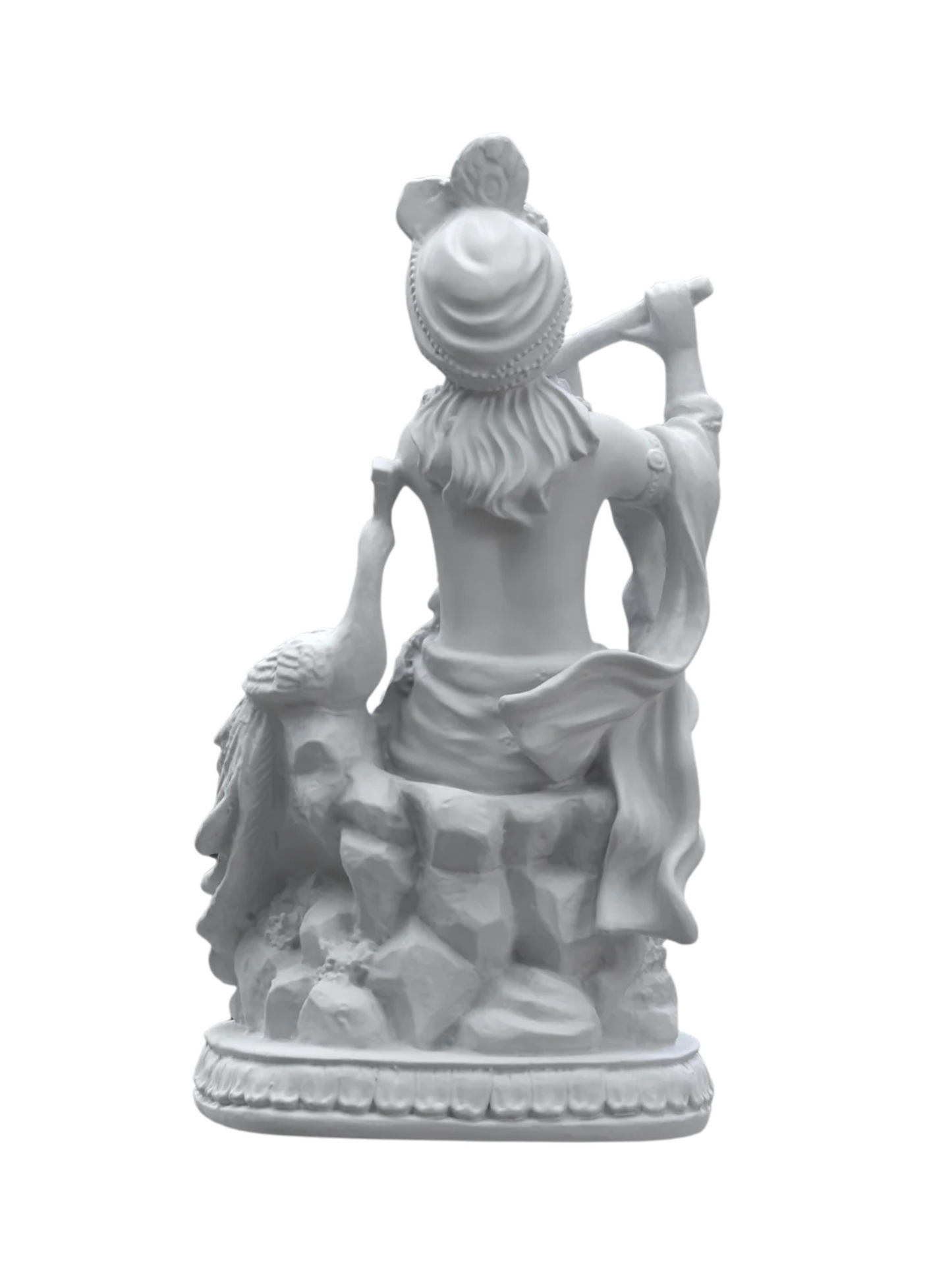 Medium Krishna Idol Sitting Besides Peacock Playing Flute-Height-5.5 Inches-White-Resin