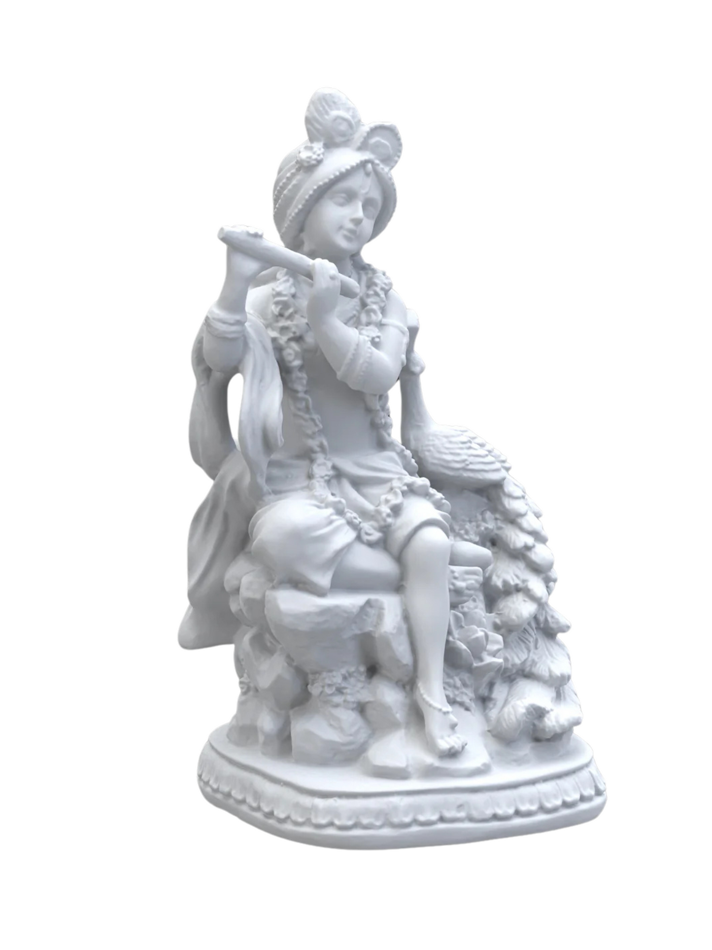 Regular Krishna Idol Sitting Besides Peacock Playing Flute-Height-4.5 Inches-White-Resin
