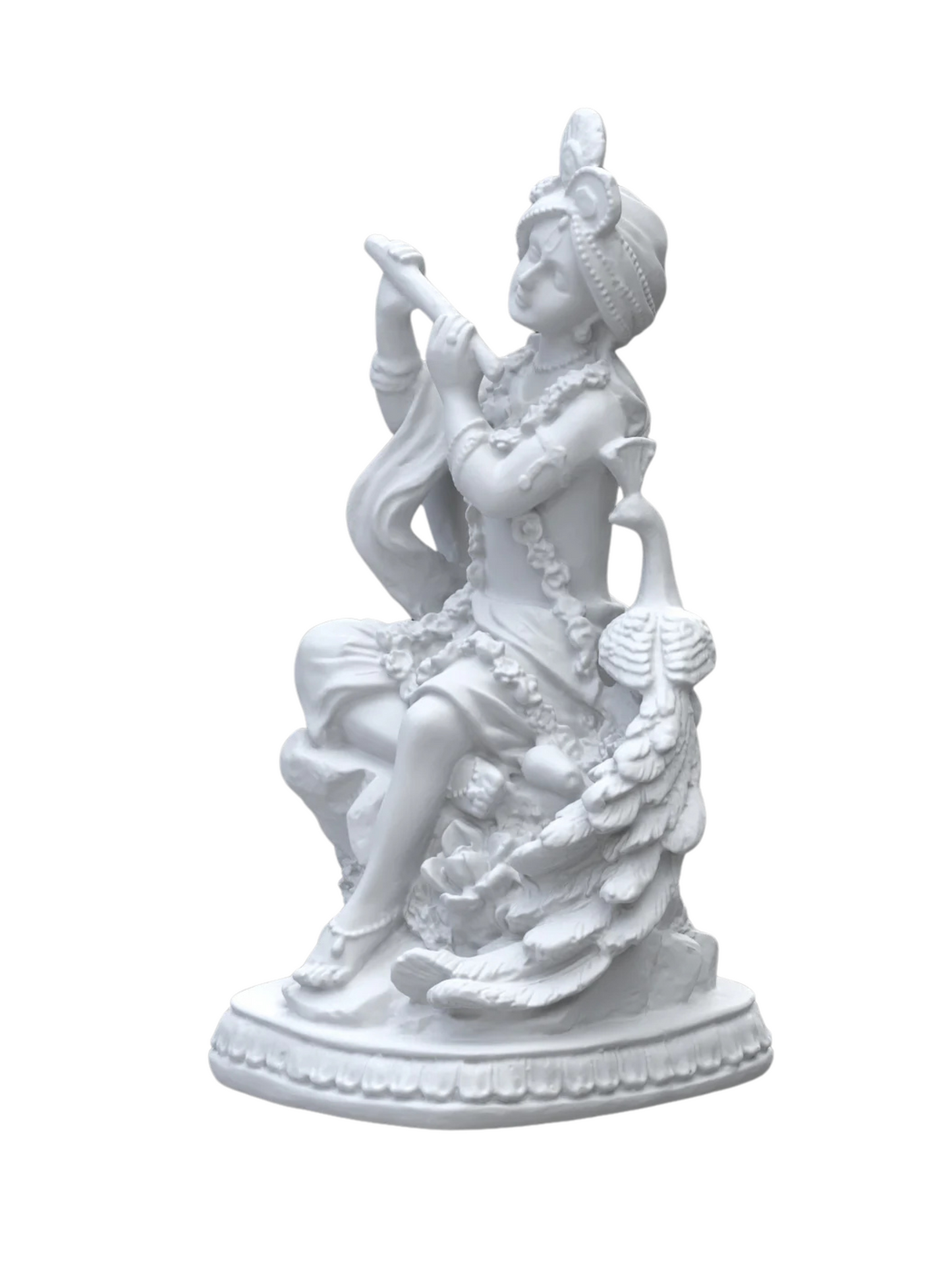 Medium Krishna Idol Sitting Besides Peacock Playing Flute-Height-5.5 Inches-White-Resin