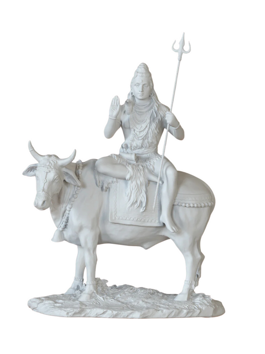 Large Sitting Shiva Idol On Nandi With Trishul-Height-10 Inches-White-Resin
