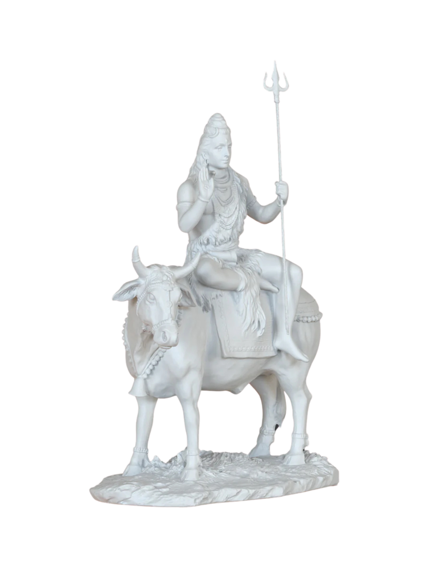 Large Sitting Shiva Idol On Nandi With Trishul-Height-10 Inches-White-Resin