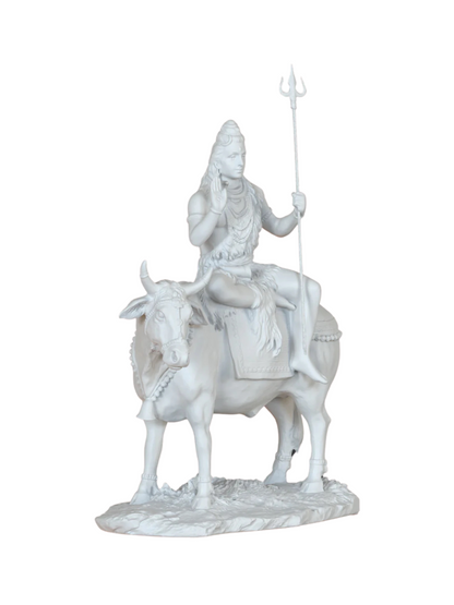 Large Sitting Shiva Idol On Nandi With Trishul-Height-10 Inches-White-Resin