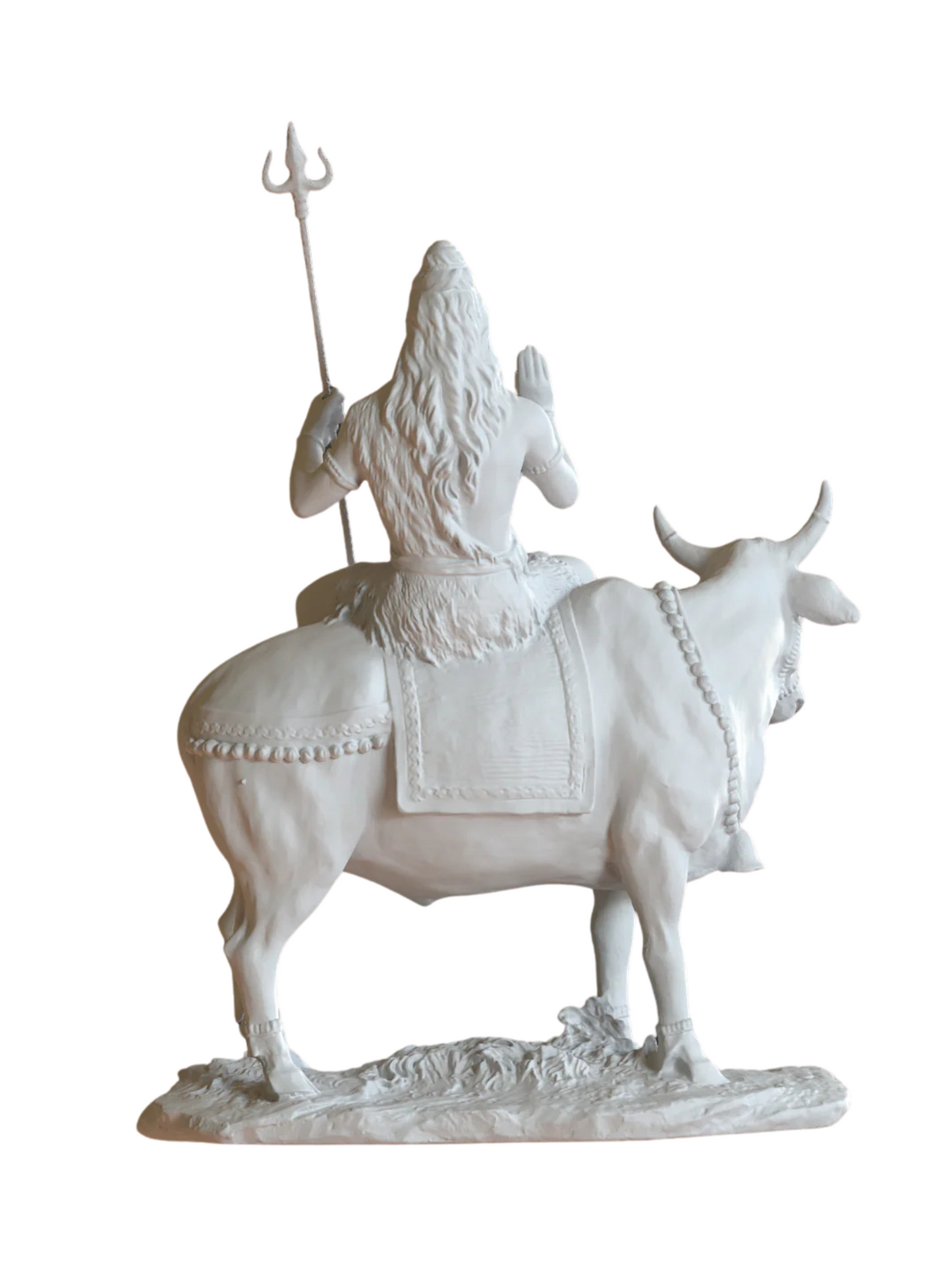 Large Sitting Shiva Idol On Nandi With Trishul-Height-10 Inches-White-Resin