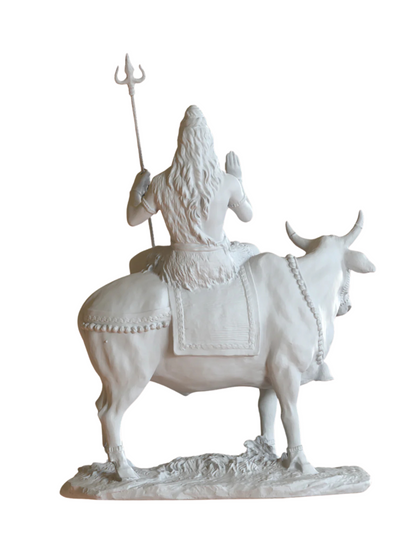 Large Sitting Shiva Idol On Nandi With Trishul-Height-10 Inches-White-Resin