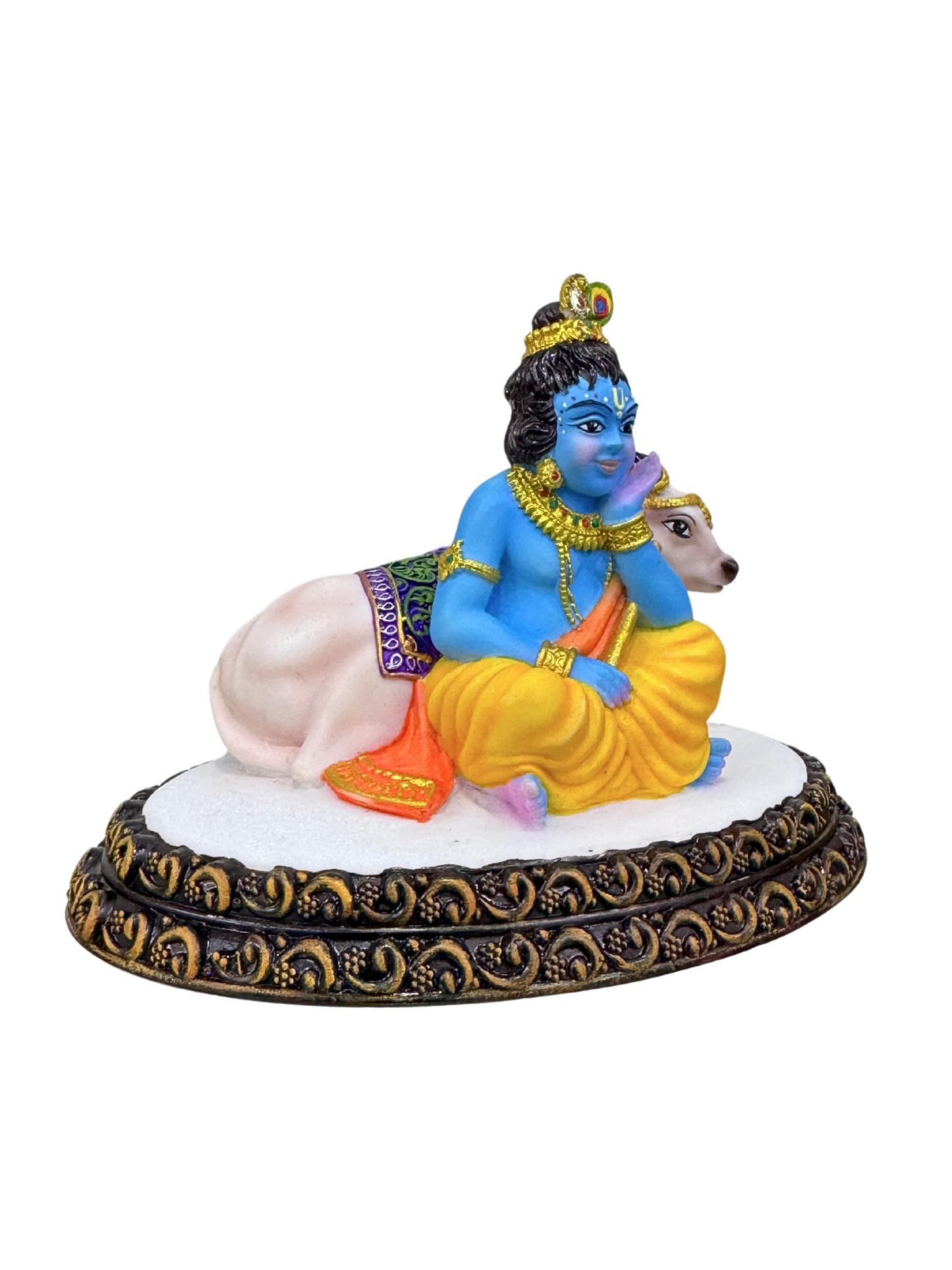 New Krishna Idol Sitting Besides Cow-4 inches-Multicolored-Resin-Baby Krishna Statue