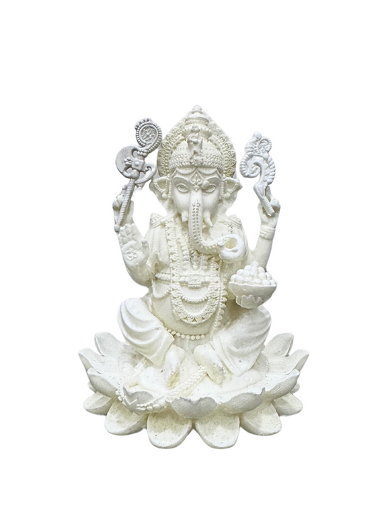 Ganesh Idol Sitting on Lotus-Height-4 Inches-White-Resin-Ganpati Murti