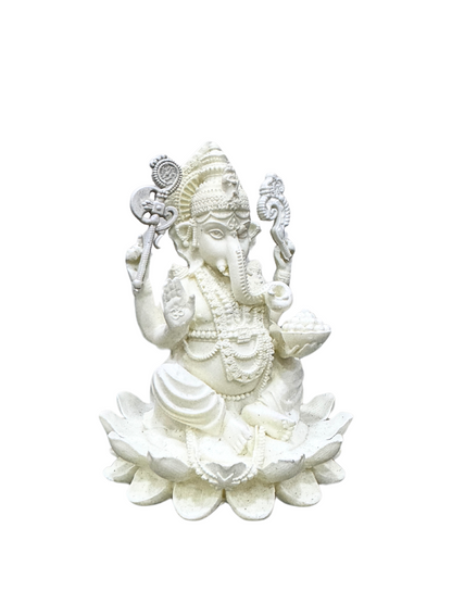 Ganesh Idol Sitting on Lotus-Height-4 Inches-White-Resin-Ganpati Murti